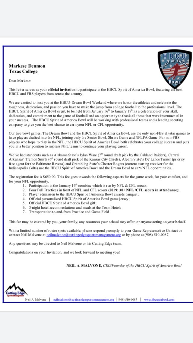 MarkeseDenmonJr's tweet image. Blessed with an invite🙏🏾  keep God First💯 #HBCUSPIRITBOWL #HBCU #DraftDiamond