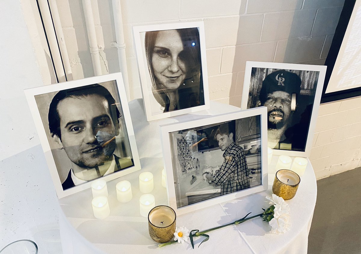 Portraits are displayed of victims of hate crimes: Khalid Jabara, Heather Heyer, Matthew Shepard, and James Byrd, Jr.