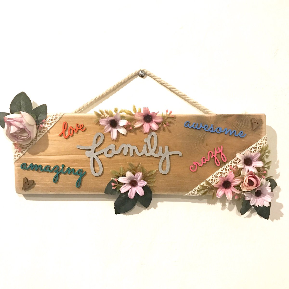 Here’s something I made today #unique #quirky #reclaimedwood #fabricflowers #family #crazy #amazing #love #awesome #plank #plaque #bespoke