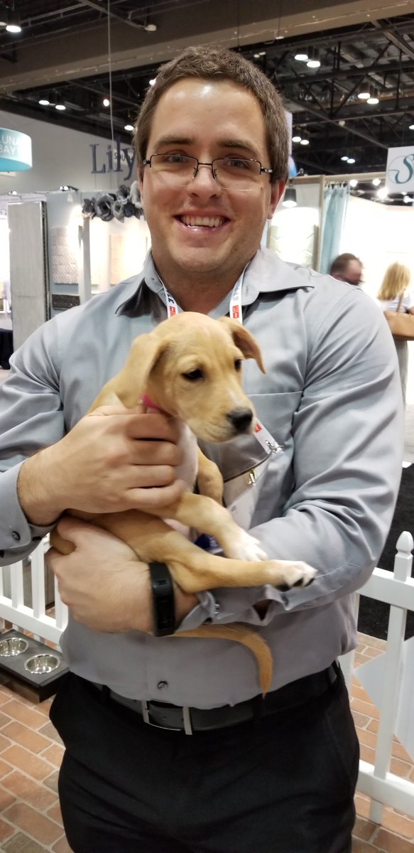 SomertileNJ's tweet photo. Q10) Connections. Puppies. Learning Opportunities. Puppies. Tile Trends. Puppies. Did we mention puppies?! #KBtribechat @Coverings 

Here’s a few photos of our team members with the puppies from @TileCouncil’s tiled doghouse pavilion at #Coverings19 https://t.co/X9ePXMJ3bK