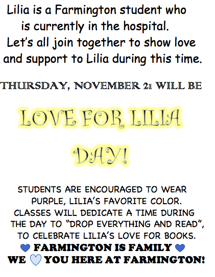 Don’t forget to wear (free dress) PURPLE tomorrow for Lilia day! 💜💜#purpleforlilia #farmingtonisfamily