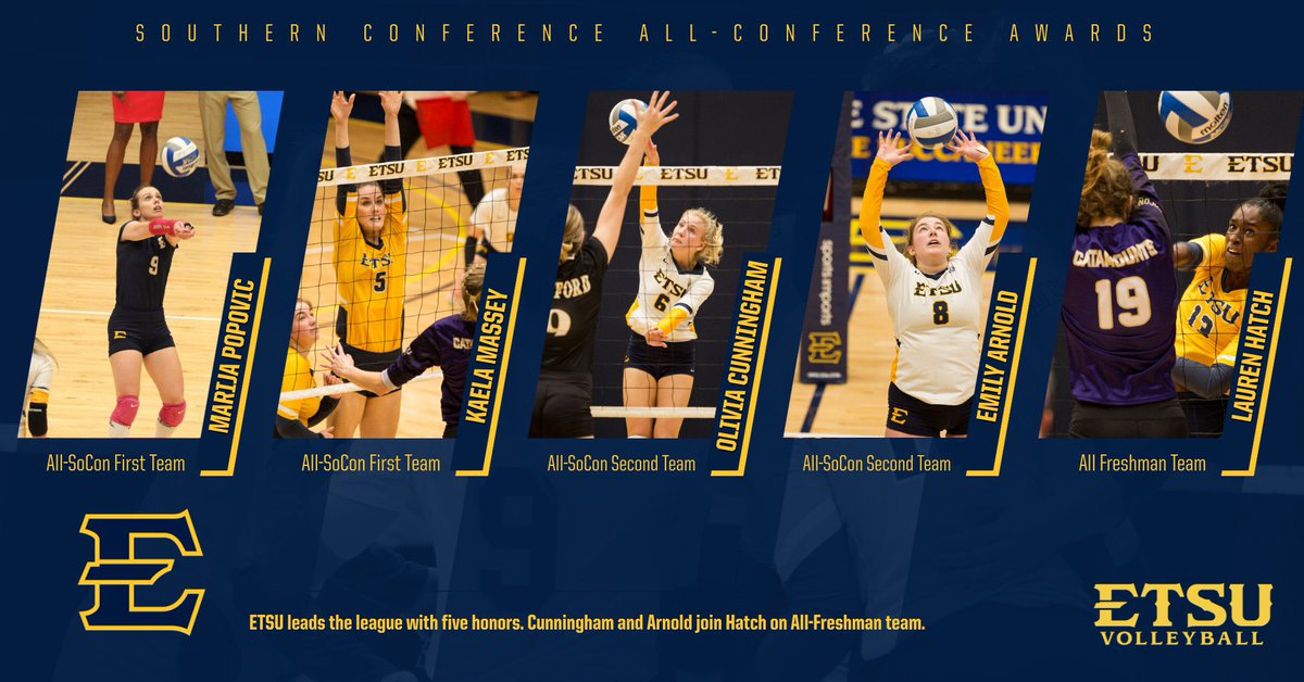 ETSUVolleyball's tweet photo. Congratulations to our five players with @SoConSports honors, the most among any team in the conference!

#ETSUTough #JustTough https://t.co/kkfeZ9xMSo