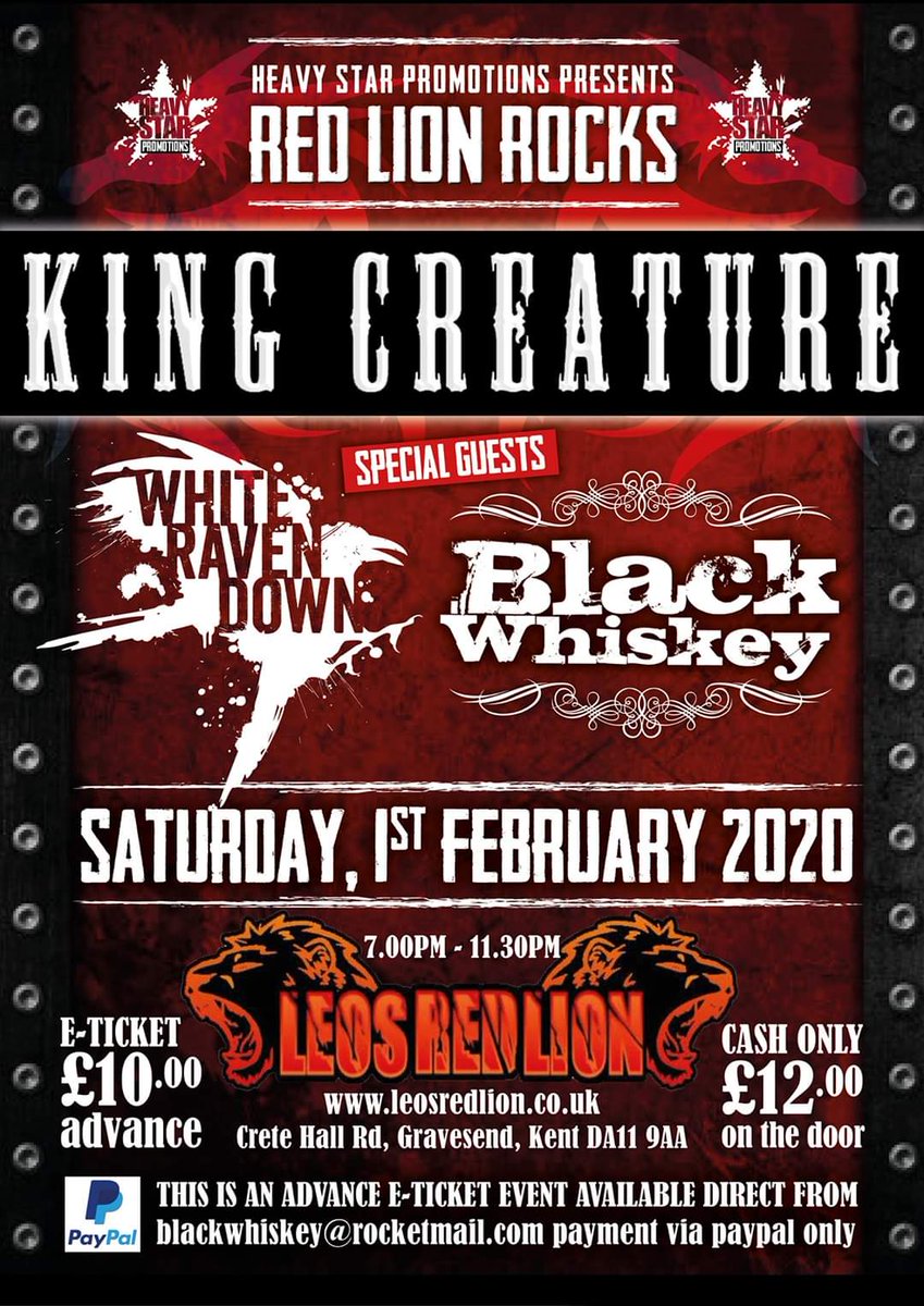 🔥🔥GIG ANNOUNCEMENT🔥🔥

Well, check out this little beauty!

This is going to be a banging show, with our brothers @WhiteRavenDown and @BlackWhiskey3!!!

1 February at @leosredlion, Gravesend, Kent!