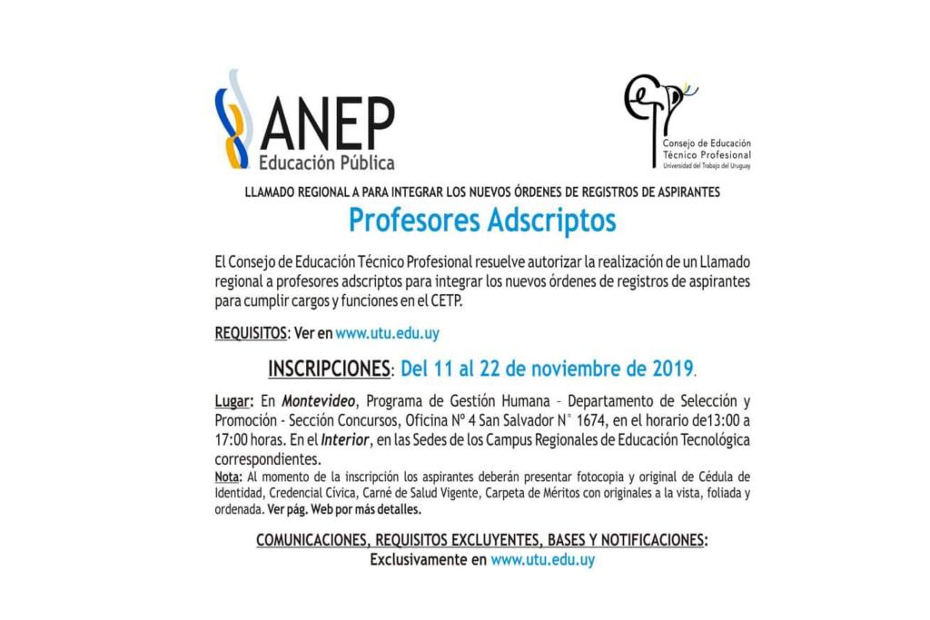 UTU_Uruguay's tweet photo. Reiteramos 📣
#Llamado regional a #Profesores #Adscriptos para integrar los nuevos Órdenes de Registros de Aspirantes para cumplir cargos y funciones en el CETP-@UTU_Uruguay
📅 Plazo: 22 de noviembre de 2019.
📋 Comunicaciones, bases y notificaciones en https://t.co/2tXvhtd11k https://t.co/vT2UaM1HNu