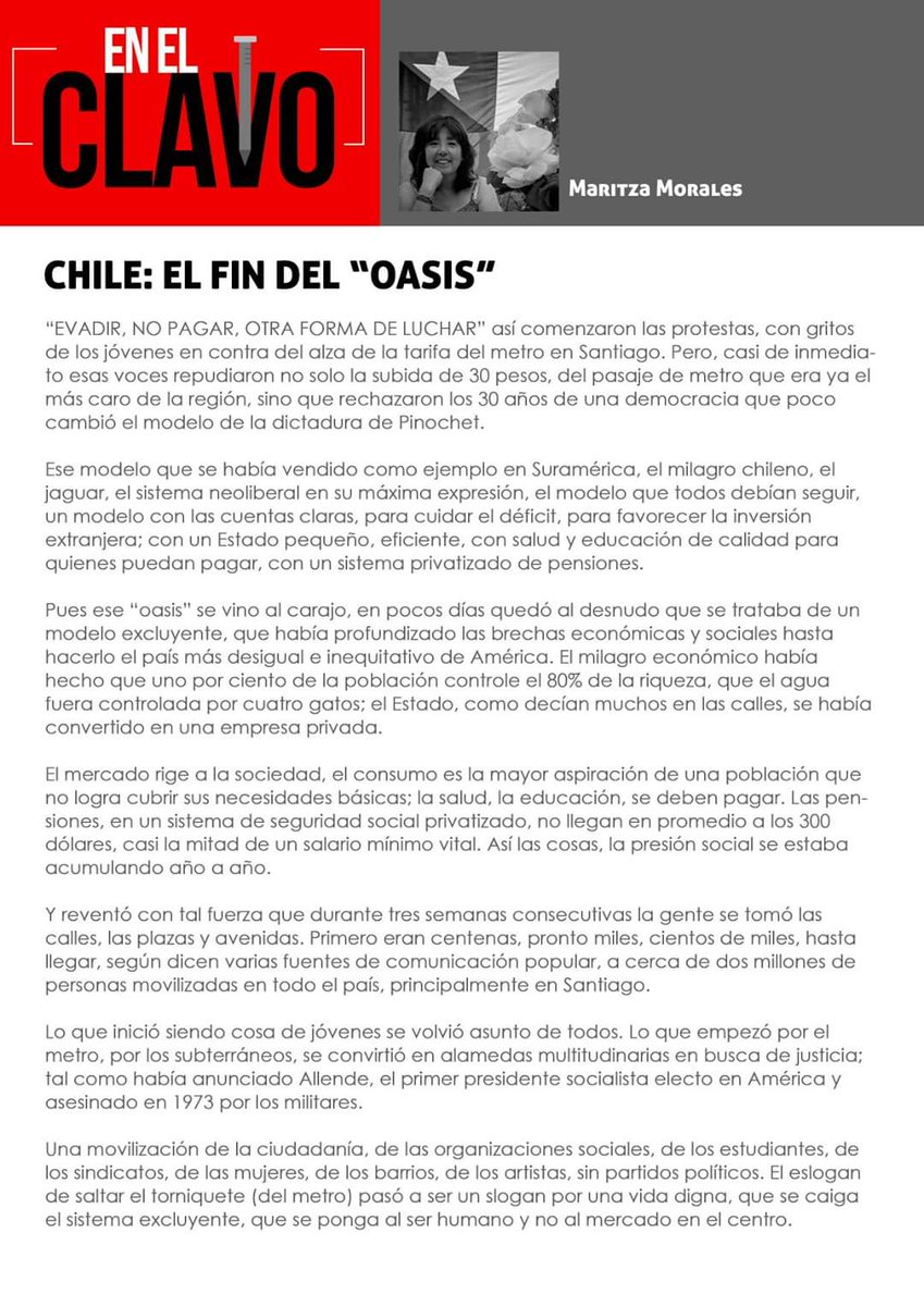 ClavoEc's tweet photo. ARTÍCULO #EnElClavo:
"CHILE: EL FIN DEL “OASIS”"
por Maritza Morales

"EVADIR, NO PAGAR, OTRA FORMA DE LUCHAR” así comenzaron las protestas, de los jóvenes en contra del alza de la tarifa del metro en Santiago"

#Opinión #Debate #Izquierdas #Propuestas #Coyuntura #Política https://t.co/Dttd2xBlrp