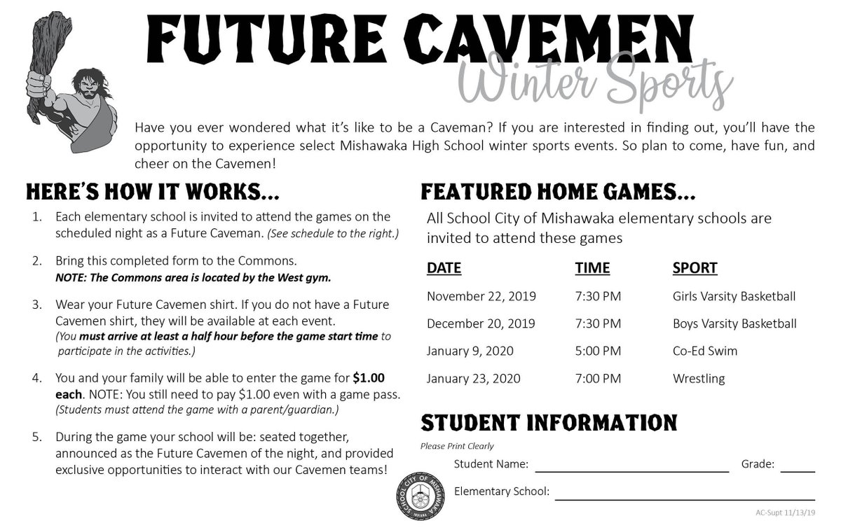 The Future Cavemen program will continue with 4 winter sports. All of our elementary schools are invited on the same night for these games. The first game is on 11/22/19 <a href="/SCMMHSCavemen/">Mishawaka HS</a>. Come on out to support the Girls Varsity Basketball team as they host New Prairie. GO CAVEMEN!