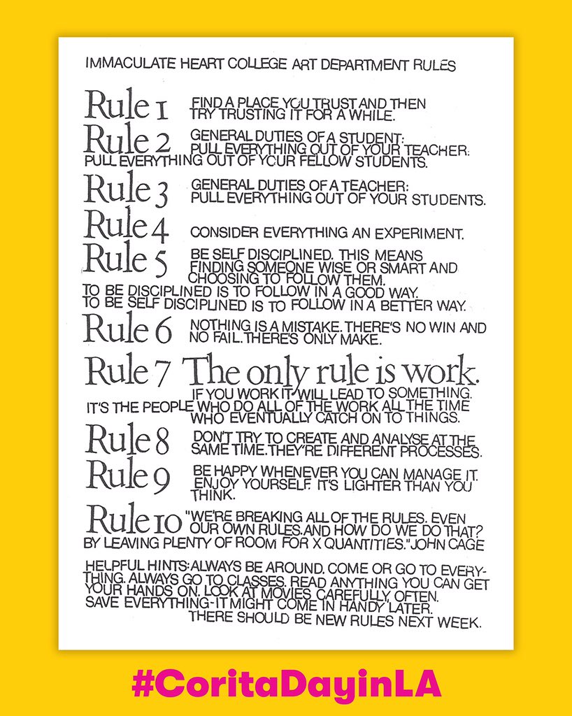 coritaartcenter's tweet image. It is officially #CoritaDayinLA! The city and county of Los Angeles have named November 20th Corita Kent Day in honor of what would have been her 101st birthday. Join us in celebrating Corita's legacy by sharing her work and teachings with someone new.