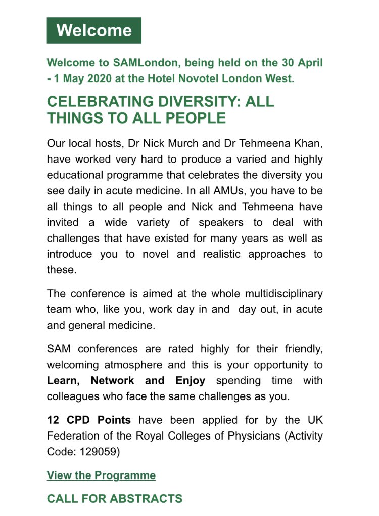 LucyRob74929929's tweet photo. Acute Medicine colleagues @acutemedicine have announced dates for the SAM conferences 2020 check out the programme and ways to submit an abstract here https://t.co/IEmmJL7k7A Fantastic opportunity to learn together 👍🌟 https://t.co/L4oRjOAgs9