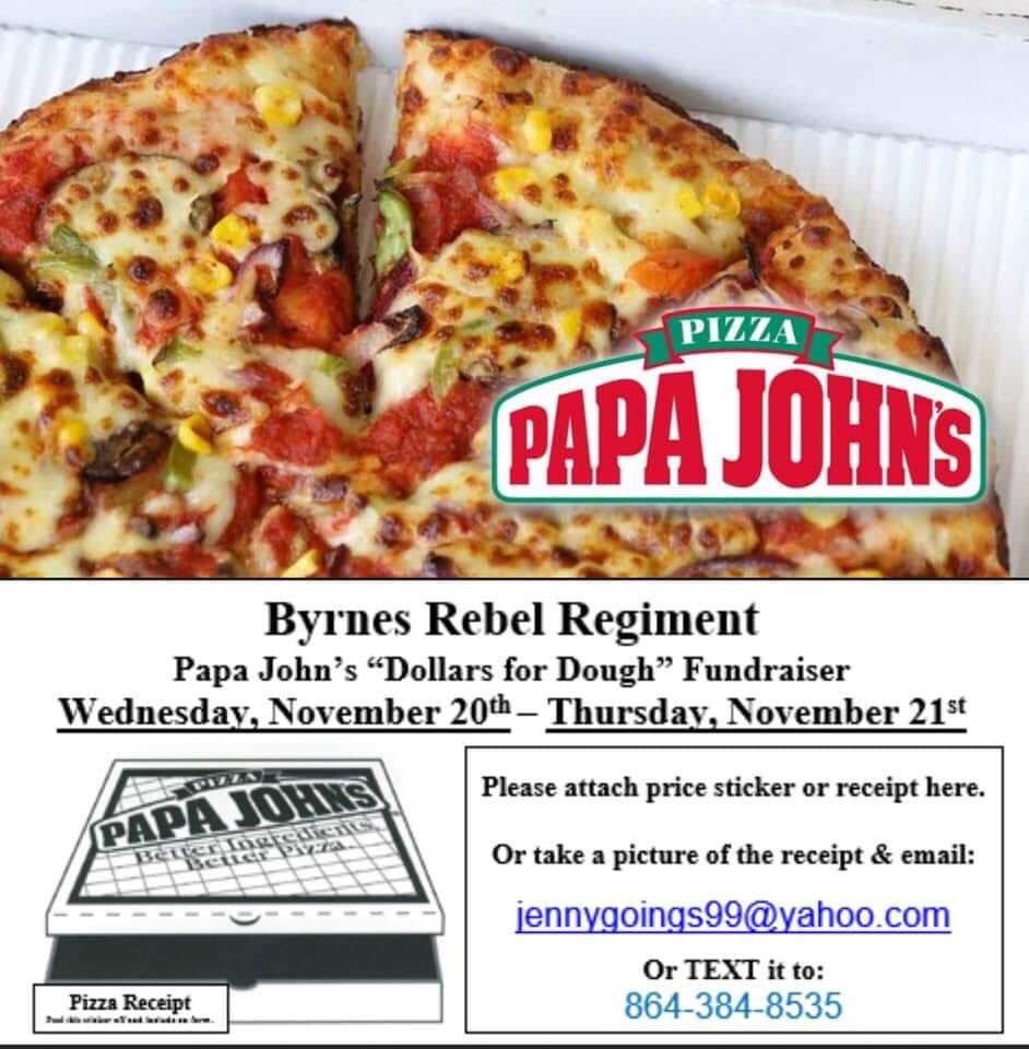 Papa John’s Spirit DAYS! Order anytime today and tomorrow to support the Rebel Regiment! Make sure you text or email Jennifer your receipt! #rebelregiment #marchjngband #byrnes #bhs #WeAreD5