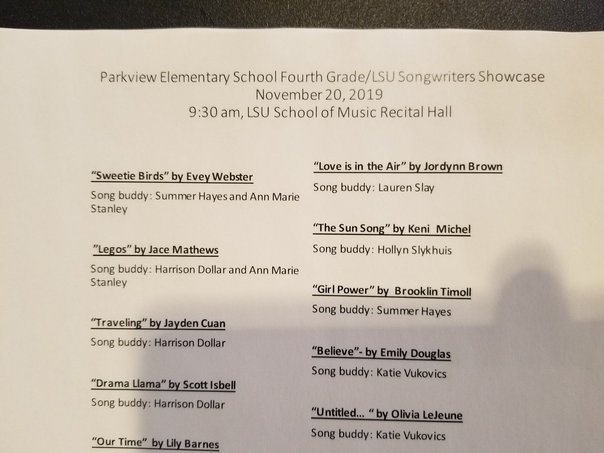 DavidTimoll's tweet photo. Taking time out to be w #parkviewelementary and #lsuschoolofmusic songwriters showcase these music students are innovative! @EBRSchools. Go figure Brooklin's son was #girlpower #4thgraders #ebrschools https://t.co/9CqyizPKTZ