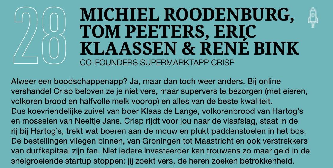 De oprichters van Crisp staan in de net uitgekomen Food 100, de lijst met de belangrijkste spelers in gastronomie en voedsel 🎉