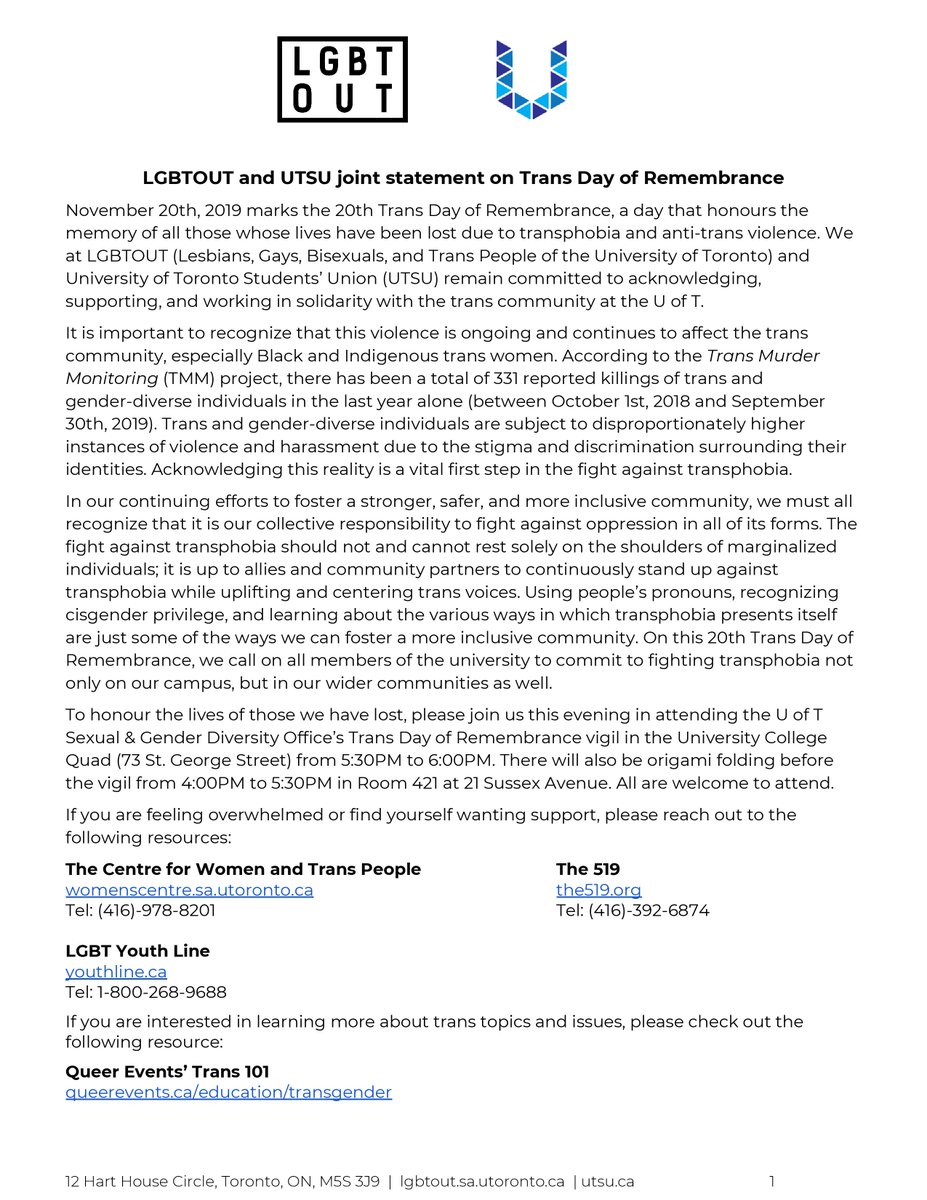 Please see our joint statement with <a href="/LGBTOUT/">LGBTOUT</a> concerning Trans Day of Remembrance.