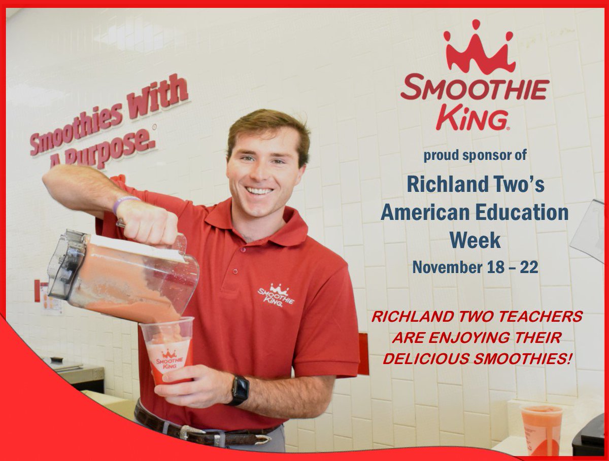 RichlandTwo's tweet image. Thank you Smoothie King @smoothieking for supporting Richland Two during American Education Week. #freesmoothies #healthytreatsforteachers #generousdonation #RichlandTwoPartner #PremierStartsHere
