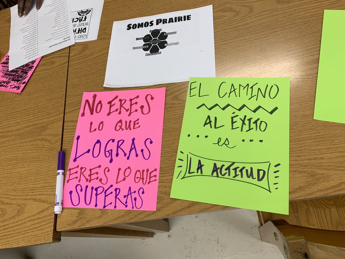 srtakurth's tweet photo. At our BAC meeting today, our parents helped support our team goal #3 of increasing native language presence school-wide by creating posters with positives messages in Spanish. Can’t wait to get them up in the hallways! #orgullo @CICSPrairie #wearedistinctive https://t.co/Yn0CkSnkN8