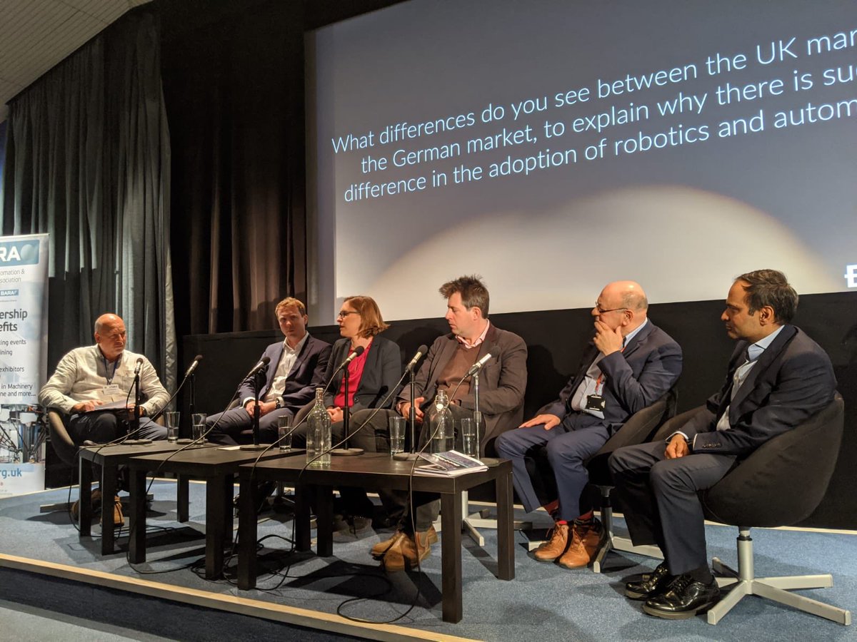 RIFBristol's tweet photo. The fantastic panel at #bottalks2019 (including our Director, Farid) discussing a range of topics, including industrial #robotics, robot ethics and the difference between the adoption of #automation in the UK and German markets. Networking starts at 5pm! https://t.co/HEBnWLYRqk
