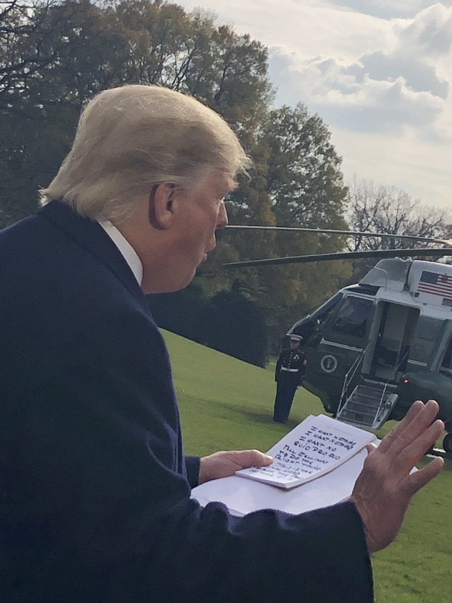 HallieJackson's tweet image. .@POTUS is now standing on South Lawn reading - from handwritten notes - quotes from Sondland testimony:
