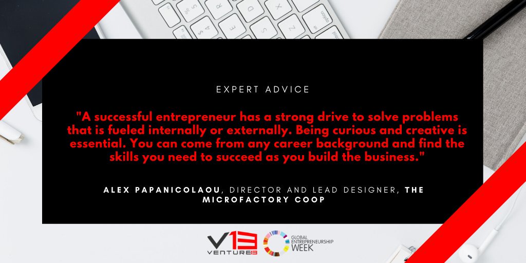 Venture_13's tweet image. &quot;What piece of advice would you provide to youth wanting to become an entrepreneur?&quot;

Director and Lead Designer at the @MicrofactoryC, Alex weighs in for Global Entrepreneurship week. #NorthumberlandTech #Microfactory