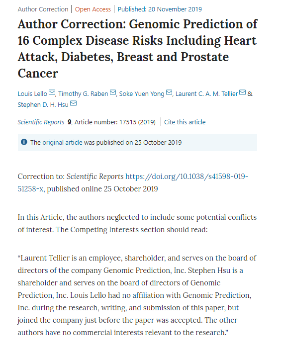 on Twitter: "Gattaca embryo test company corrects Nature Scientific Reports paper on predicting traits from DNA which did not disclose interests of the founders. (thread) https://t.co/yH3NDpMJHz https://t.co/L7Ea6XQIc3" / Twitter