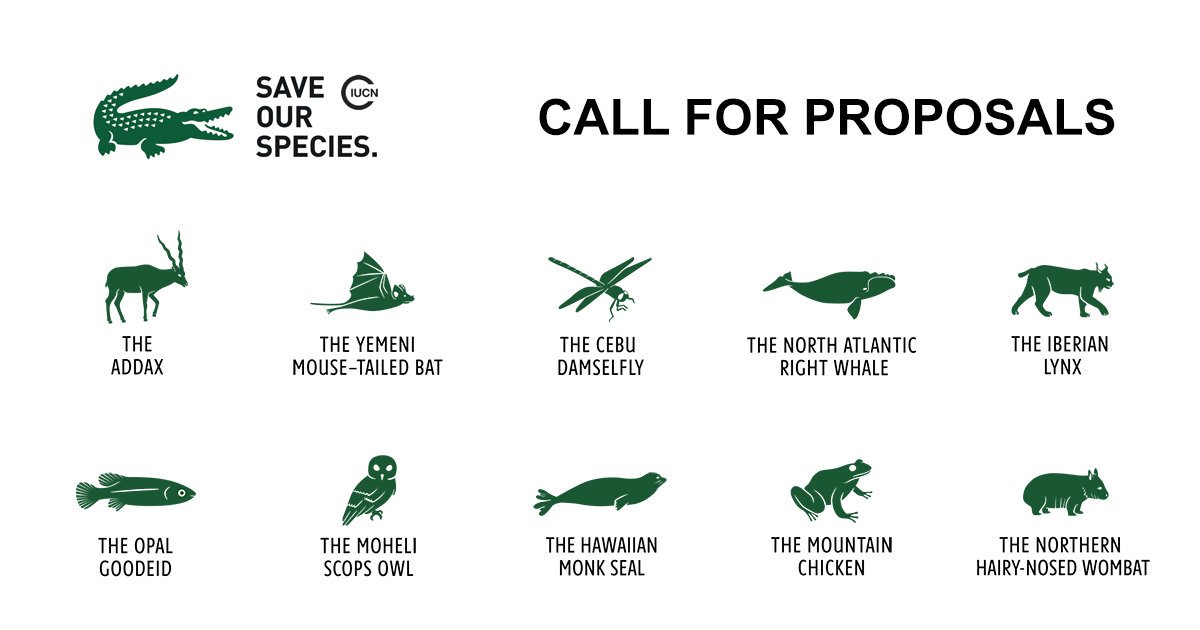 IUCN Red List on "Proposals are now being accepted from projects targeting any of the 10 threatened species featured in this year's @LACOSTE IUCN Save Our Species campaign. Applications