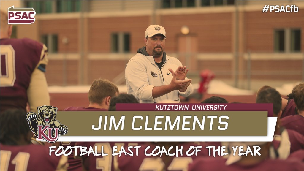 PSACsports's tweet photo. Jim Clemets is the #PSACfb East Coach of the Year! This marks Clements 2nd All-PSAC East Coach of the Year award. He led @KUGoldenBears to a PSAC East title for the second time in his (47-19) KU career. Clements is the second all-time winningest coach in KU football history. https://t.co/QdDXkomLK2