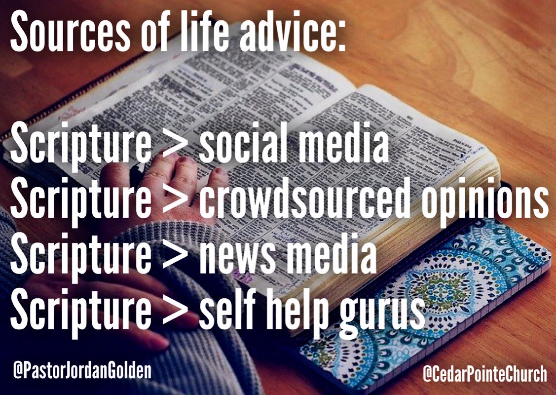 Jordan_Golden's tweet image. You might find some good advice here and there out in the world. But there is no richer source of wisdom or righteous direction than can be found in the sixty-six books of scripture found in the Bible. Study it. Don’t let anyone or anything devalue the Word of God in your life.