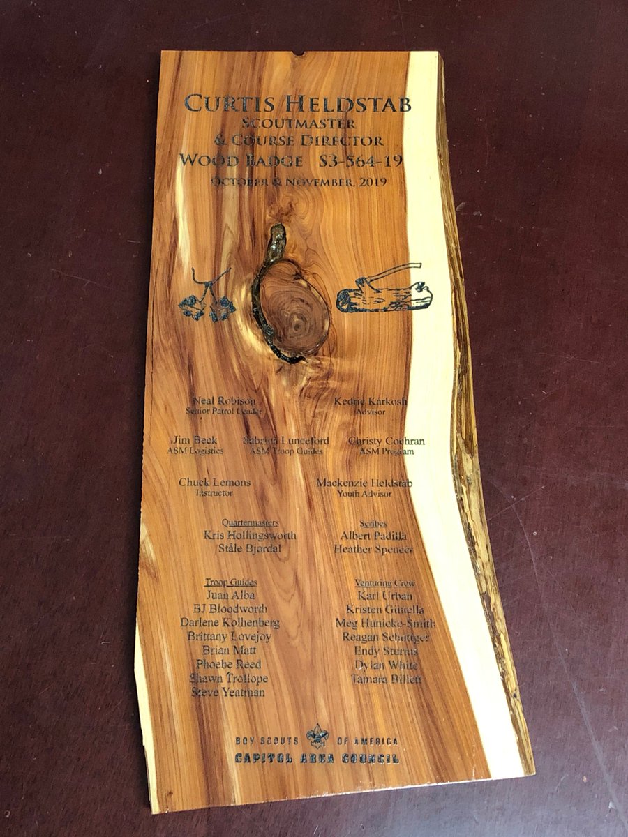 FireLightLaser's tweet image. Custom cedar plaque for @CACWoodBadge, Scouting's top leadership course.  sales@FireLightlaser.com  This board came from @LostpinesSR