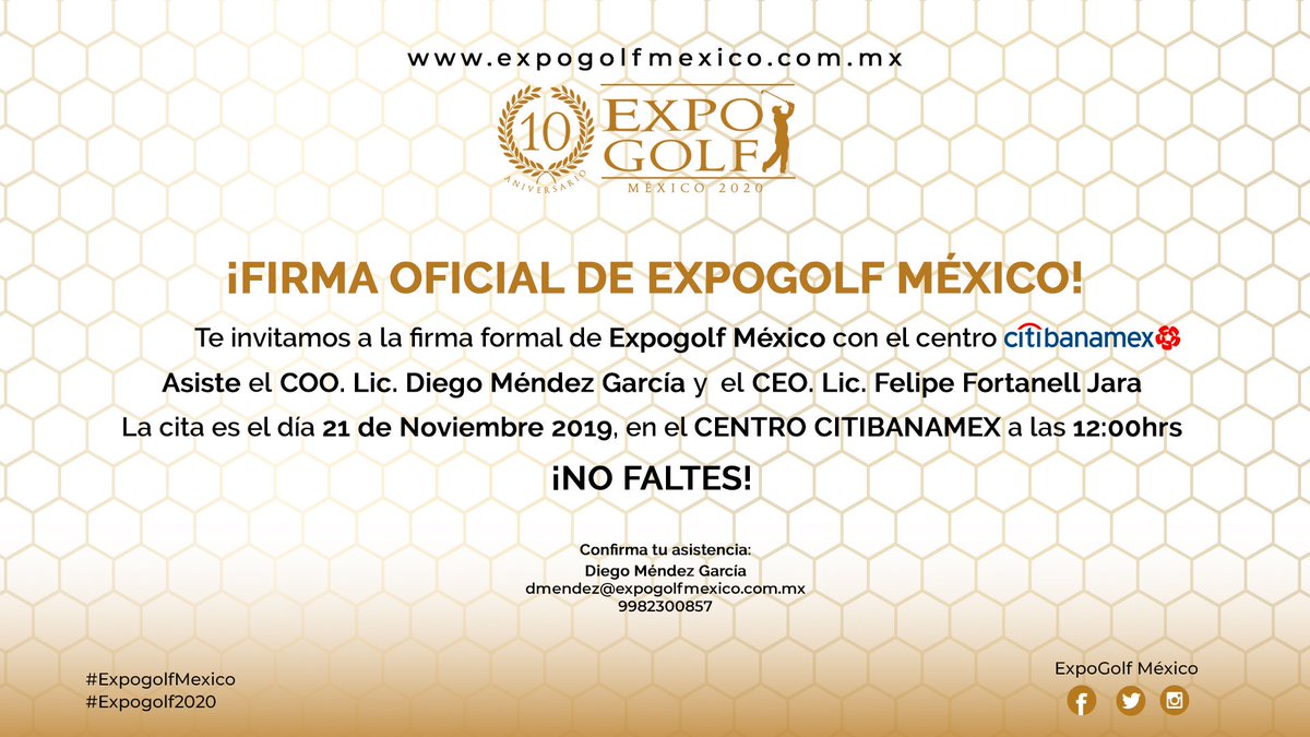 ExpogolfArg's tweet image. Hola @TVAztecaGolf, te invitamos formalmente a la firma del @CentroCitibnmx donde llevaremos a cabo la #Expogolfmexico #expogolf2020 en junio 2020. ¿Qué dices?
Si tienes un contacto, con gusto te compartimos el comunicado con toda la información