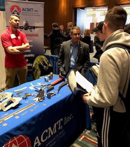 EducateCT's tweet photo. Commissioner @teachcardona hung out w/CT students at today's #Aerospace Industry Future Workforce Opportunities #ACMFair. Awesome display of our state’s #advancedmanufacturing #workforce &amp; lucrative #ACMCareers for young people right here in CT. #CCR #CTCreators #CreatorsWanted https://t.co/I5dLuKwQK6