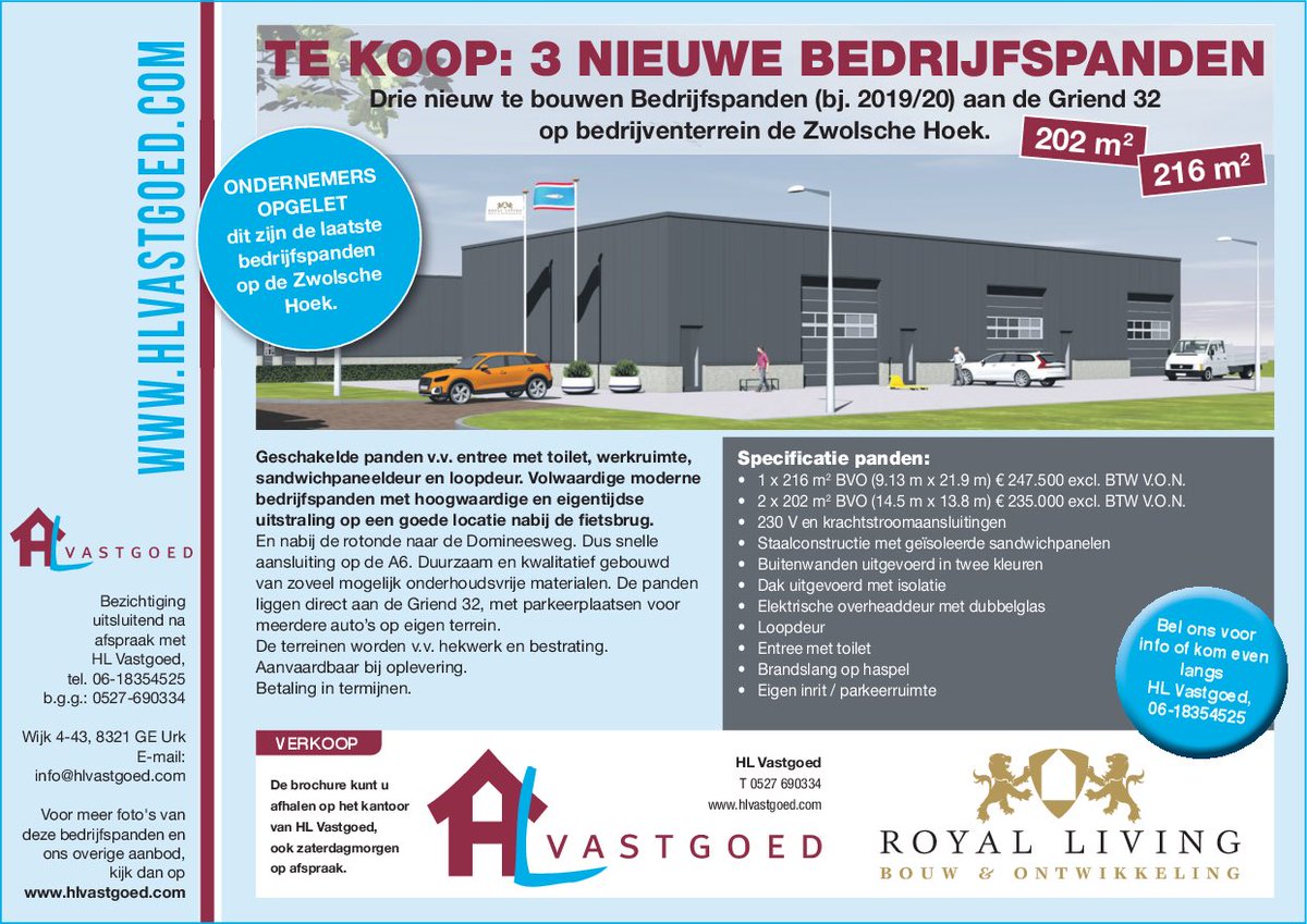 Te koop: nieuwe bedrijfspanden aan de Griend. De laatste op bedrijventerrein Zwolsche hoek. Bekijk bijgevoegde advertentie.