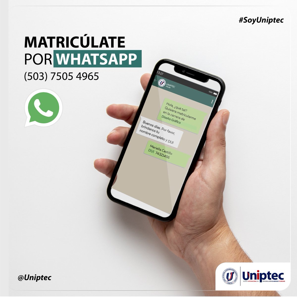 uniptec's tweet photo. ¡Evita las colas y largos procesos! Matricúlate por WhatsApp y comienza tu formación profesional junto a UNIPTEC. ➡️ (503) 7505 4965 https://t.co/frAwd9MbiM