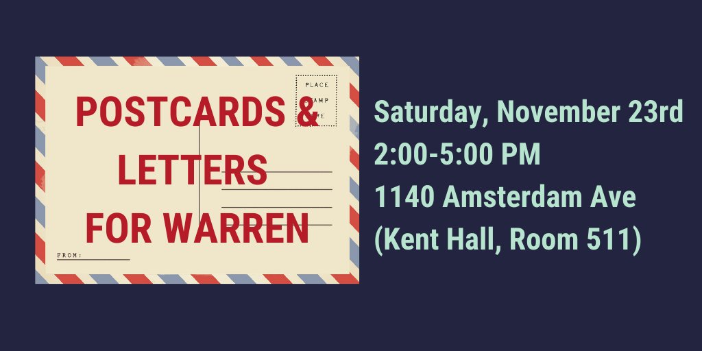 akac's tweet photo. @nyc4warren (repped by me) is teaming up with @Columbia4Warren for a "Postcards &amp; Letters to Friends and Family (&amp; others) for EW" event (whew that's a mouthful!). 
Sign up here to join us this Saturday: https://t.co/GOdGw19jqs
Dream Big, Write Hard! 🤓✒️💌
#TeamWarren https://t.co/wc3sHsIemj
