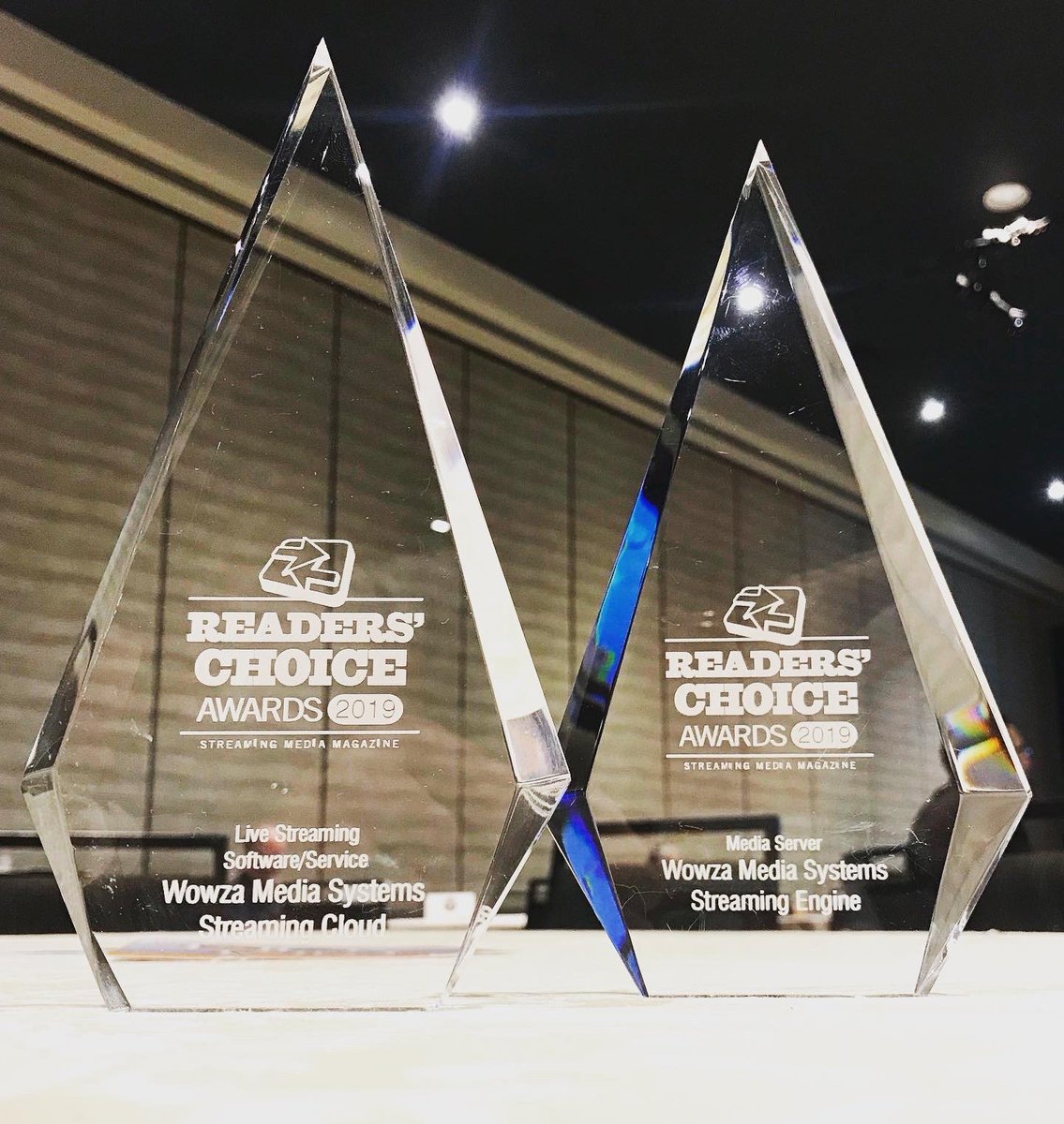 🎉 What a great day! Wowza won two <a href="/streamingmedia/">Streaming Media</a> Readers’ Choice Awards. #WowzaStreamingCloud brought home best Live Streaming Software/Service and #WowzaStreamingEngine took the Media Server category for the 12th year in a row! Thank you to everyone who voted! #RCA19