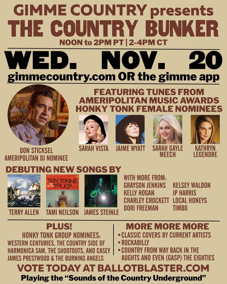 CountryBunkerGC's tweet photo. Sure The Grammys, but there’s @ameripolitan too. Music from nominees &amp; sounds of the country underground on today’s Country Bunker on @GimmeCountry from noon-2pm PT.
Country radio with not only gender balance, but artists you won’t hear anywhere else. https://t.co/eHWmMSqQ9Z https://t.co/JbMgZu1rjy