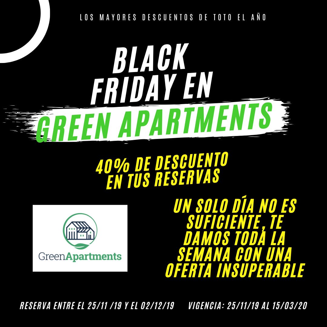 GREENAPARTNET's tweet image. Se acerca la semana con más ofertas del año, ya llega el Black Friday a Green Apartments. Nosotros te damos toda una semana para que hagas tus reservas en nuestra web con un 40% de descuento en apartamentos de lujo. Comenzamos el próximo lunes.
➡️ green-apartments.net