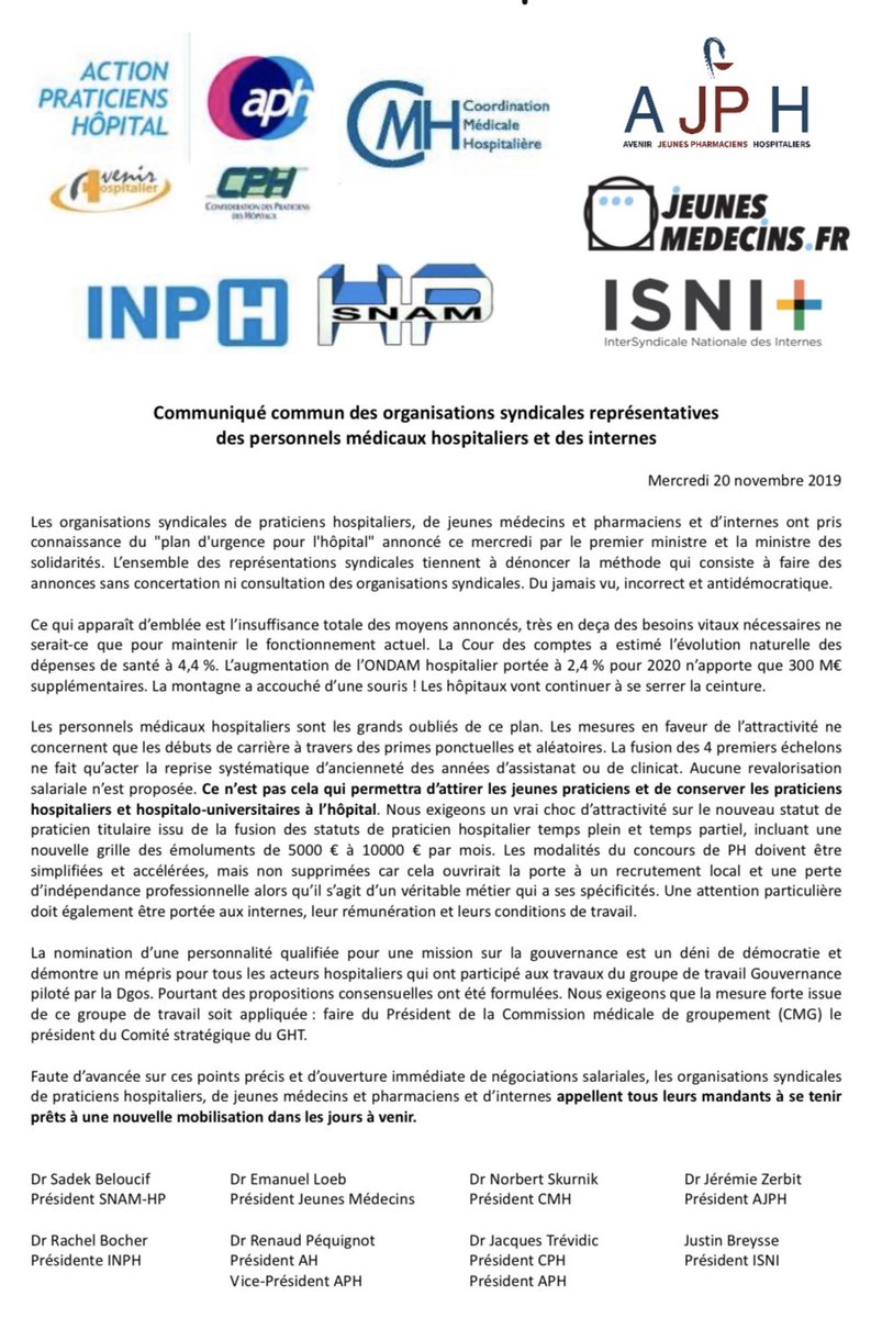 COMMUNIQUÉ COMMUN  @ActionPratHopit <a href="/JeunesmedecinsF/">Jeunes Médecins</a> <a href="/ISNItwit/">ISNI - InterSyndicale Nationale des Internes</a> La montagne a accouché d’une souris ! Les hôpitaux vont continuer à se serrer la ceinture. ‼️APPEL aux PH, jeunes médecins, pharmaciens et internes à se tenir prêts à une nouvelle mobilisation dans les jours à venir‼️