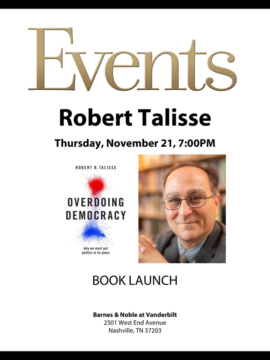 #Nashville! Tomorrow is #WorldPhilosophyDay! 

Help us celebrate by attending the launch of <a href="/RobertTalisse/">Robert Talisse</a>’s new book OVERDOING DEMOCRACY. <a href="/BN_Vanderbilt/">B&N at Vanderbilt</a>, 7pm.

<a href="/pithinthewind/">Pith in the Wind</a> <a href="/NashvilleArts/">Nashville Arts</a> <a href="/nashvilleDYK/">All Things Nashville</a> <a href="/NashvilleScene/">Nashville Scene</a> <a href="/MetroArtsNash/">Metro Arts / Nashville Office of Arts + Culture</a> <a href="/Tennessean/">Tennessean</a> <a href="/NashvilleTenn/">Nashville Tennessee</a> <a href="/VandyPhilosophy/">Vanderbilt Philosophy Department</a>