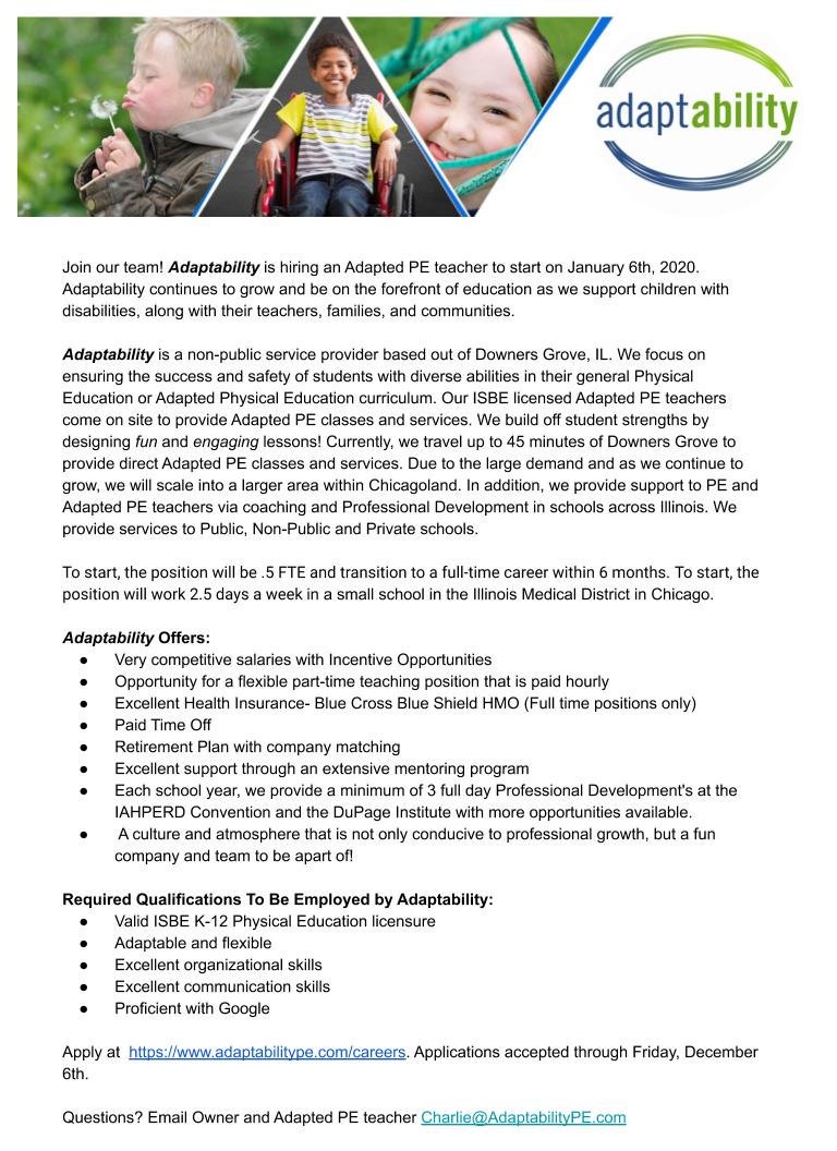 AdaptabilityPE's tweet photo. We're hiring! Want to be apart of a team that is on the forefront of education supporting children with disabilities? Adaptability supports not only children, but their teachers, families and communities. Check out the flyer for more info and please share!#adaptedpe #inclusion https://t.co/6fcRMEKoxZ