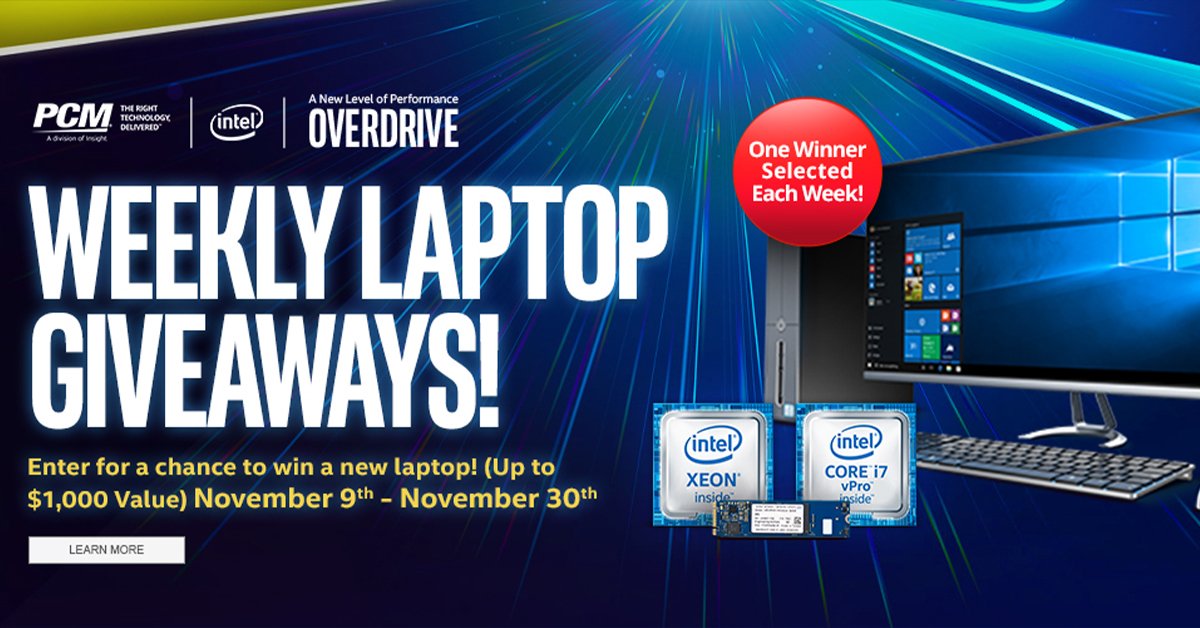 Enter the #Intel OverDrive Laptop Giveaways Contest for a chance to WIN A NEW LAPTOP! (&lt;$1000 Value) One winner selected each week from November 9th to November 30th, 2019. Enter to Win →bit.ly/3321LkU