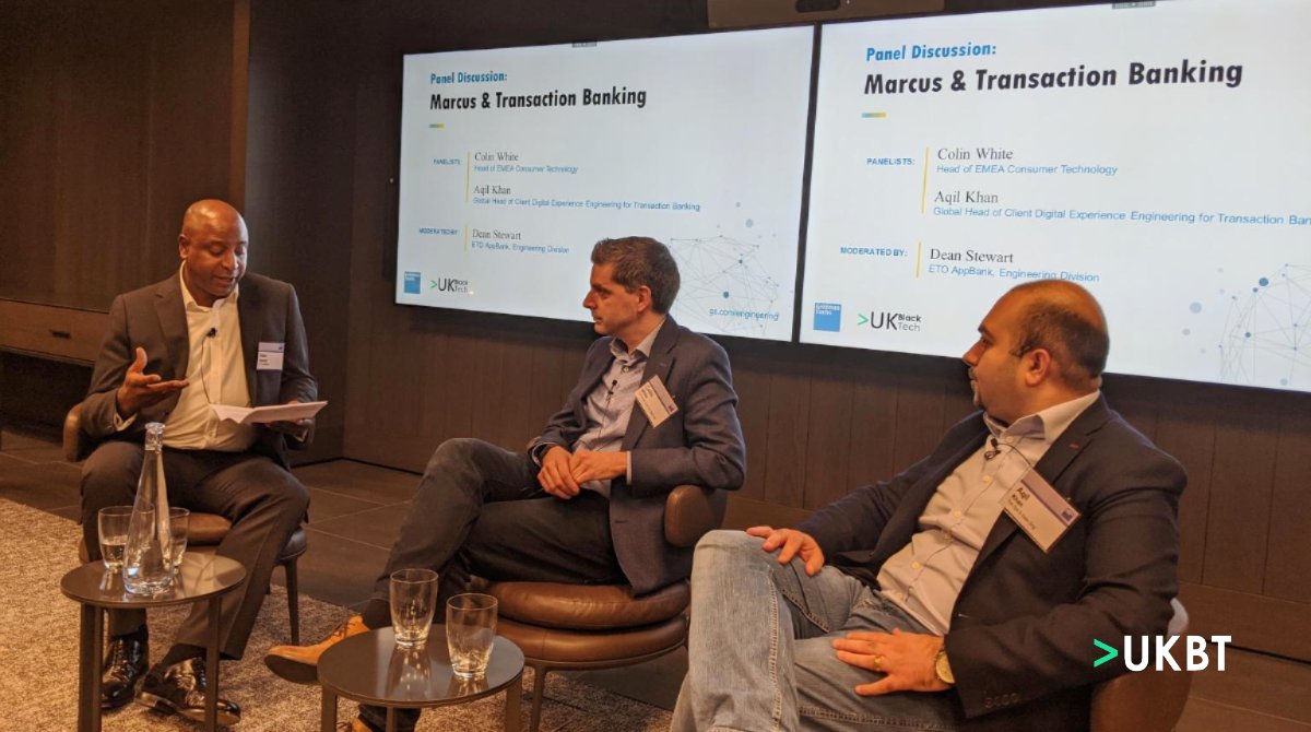 UKBlackTech's tweet photo. The @UKBlackTech &amp; @GoldmanSachs tech innovation event last night was amazing! 

We got to hear from the @marcus_uk team on UX, Engineering &amp; Cloud Computing. 

Big s/o to @ola825 for his opening talk on life as computer engineer &amp; @urban_teacher closing remarks!

#FacesLikeMe https://t.co/rt93bzDSsZ