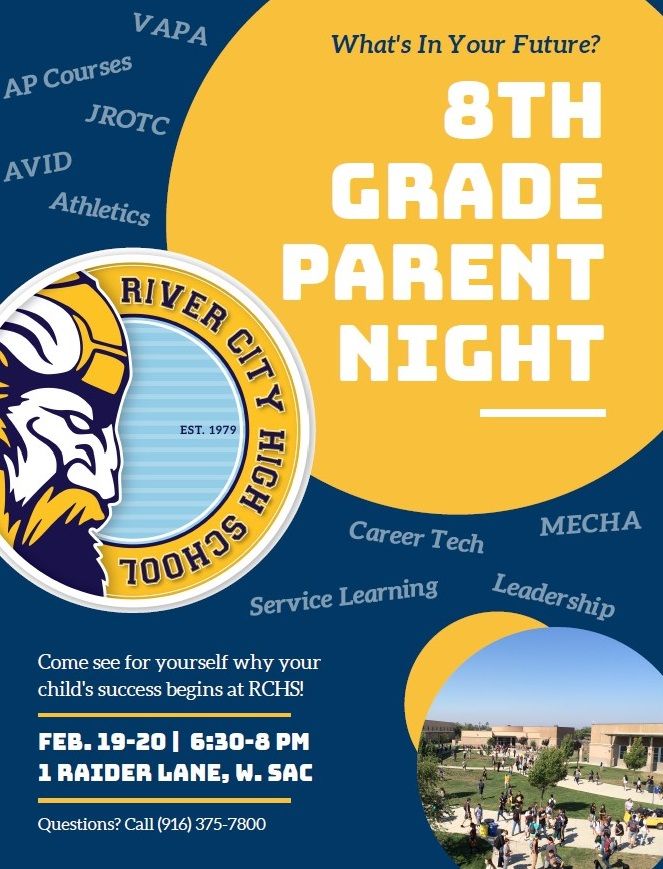 WUSDK12's tweet photo. SAVE THE DATES: On Feb 19 &amp; 20 all 8th grade students &amp; families are invited to come learn more about @rivercityhigh &amp; the amazing opportunities waiting for them. 
Come see for yourself why your child’s success begins at RCHS! #RaidersOnTheRise #Great2bWUSD #FutureRaiders https://t.co/3gbYFA425W