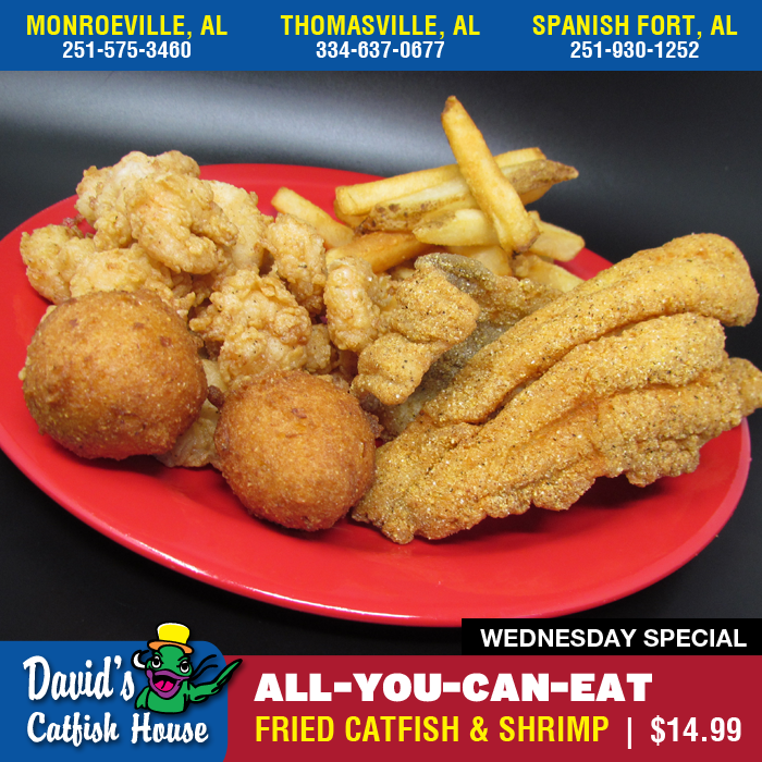 DavidsCatfishAL's tweet photo. ALL DAY WEDNESDAY SPECIAL!!! All-You-Can-Eat FILLET &amp; SHRIMP, with (2) sides and hushpuppies for $14.99 #DavidsCatfishHouse #Catfish #Shrimp #Seafood #Instafood https://t.co/psMbPWN25u