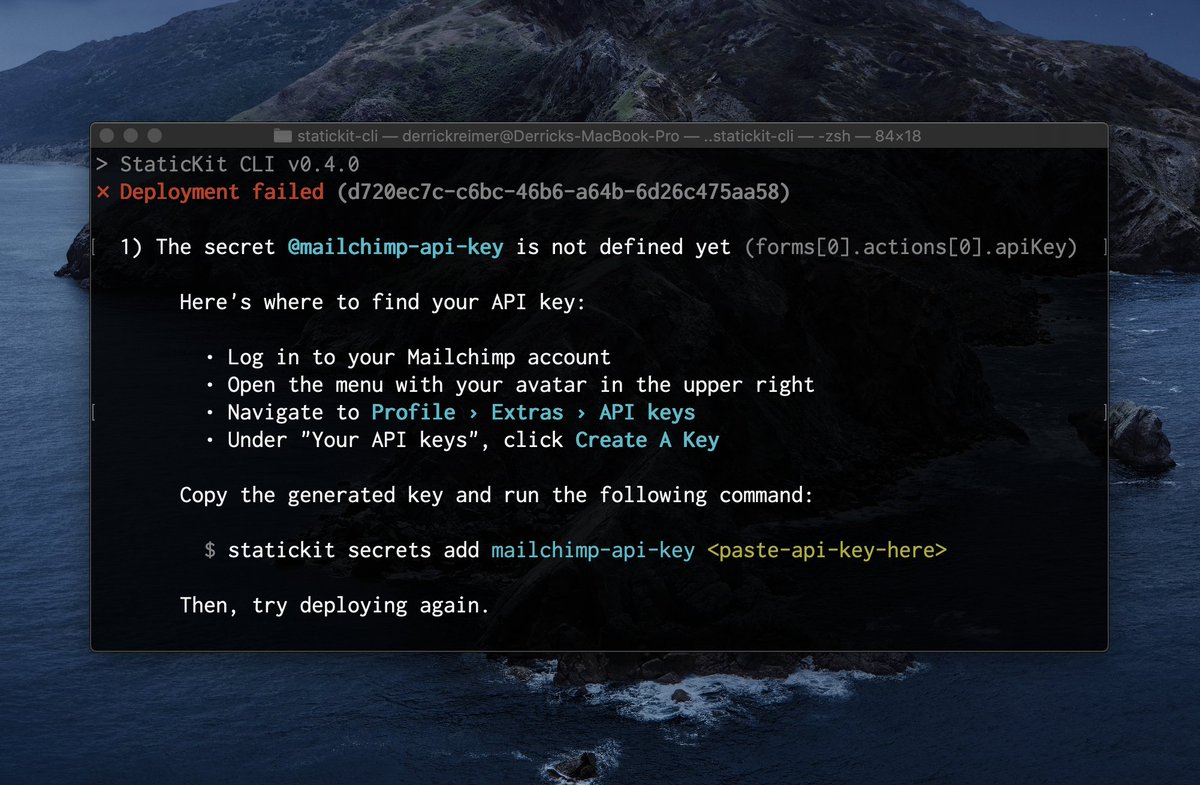 If there's one thing I learned from a year with <a href="/elmlang/">Elm</a>, it's the power of specific and actionable error messages.

Here's what happens when you haven't yet provided your Mailchimp key to <a href="/StaticKit/">StaticKit</a>: