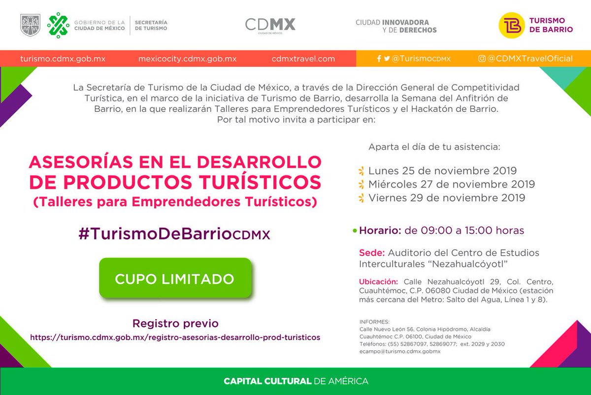 Oveishon's tweet photo. ¡Atención #emprendedores turísticos! si quieren dar el siguiente paso asistan a las asesorías #gratuitas para el desarrollo de productos turísticos. #TurismoDeBarrioCDMX
https://t.co/f1NdeEQiRK https://t.co/f7G8zqX8p6