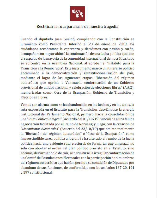 SoyVenezuela's tweet photo. #Comunicado | Ofrecemos una alternativa y la ponemos a disposición no solo del Presidente (E) Juan Guaidó, sino también de la directiva de la AN y de todos los venezolanos: Unirnos en función de un Consejo Ejecutivo que pueda diseñar estrategias para el cese de la usurpación. https://t.co/er0N9aIYAO