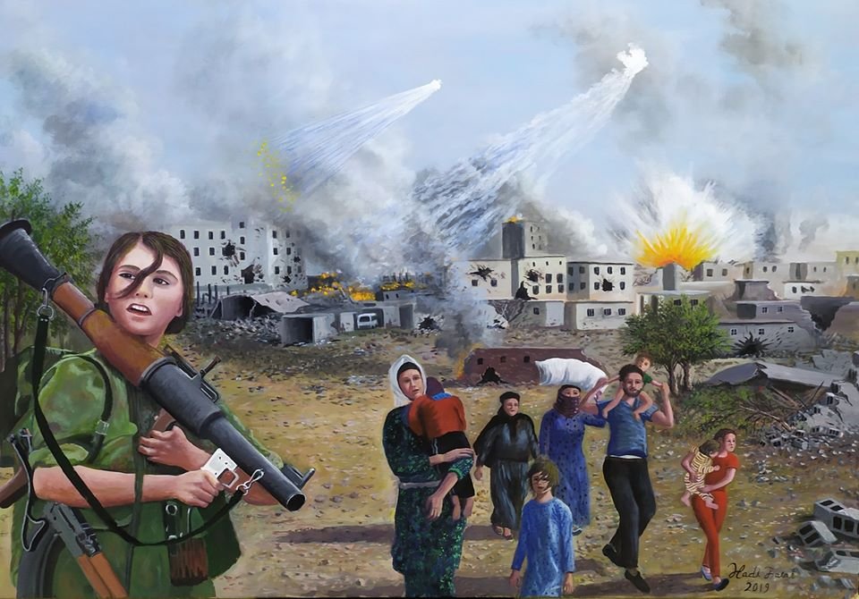 HemnMerany's tweet image. #Rojava under #Turkish attach
Painting by Kurdish artist Hadi Fatah

#rojavaresistance 
#Kurdistan 
#TwitterKurds