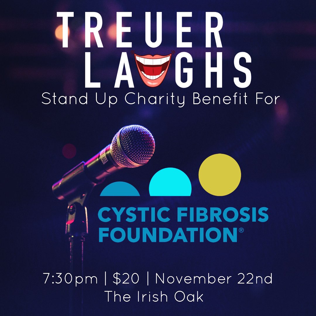 TreuerLaughs's tweet photo. This Friday join us at @TheIrishOak!
All $20 tickets supports the @CF_Foundation. Show starts at 7:30pm. Link in bio! https://t.co/bwp7dp3UK2