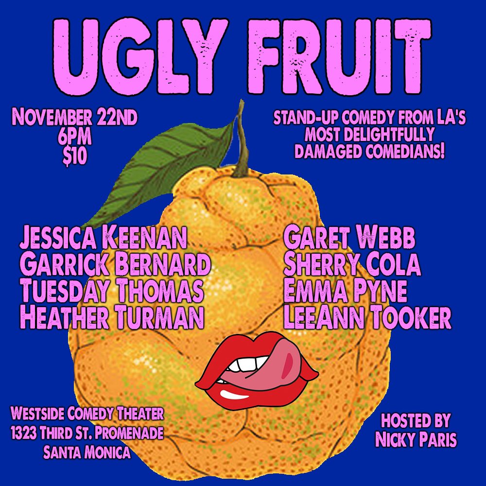 This Friday @westsidecomedy at 6pm we’ve got another amazing  #UglyFruitComedy line-up for you! Get your tix now at westsidecomedy.com! #santamonica #comedians #santamonicaevents #westsidecomedy