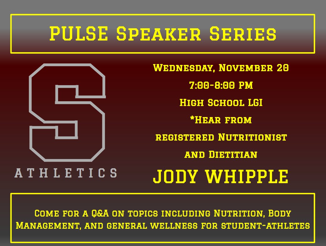 Reminder that we have Mrs. Jody Whipple in attendance tonight to speak to our student-athletes about nutritional guidelines, body management, and overall wellness. This promises to be a valuable talk for ALL of our student-athletes!
🦁💪💚
⏰ 7-8 PM
🏟️ Main LGI