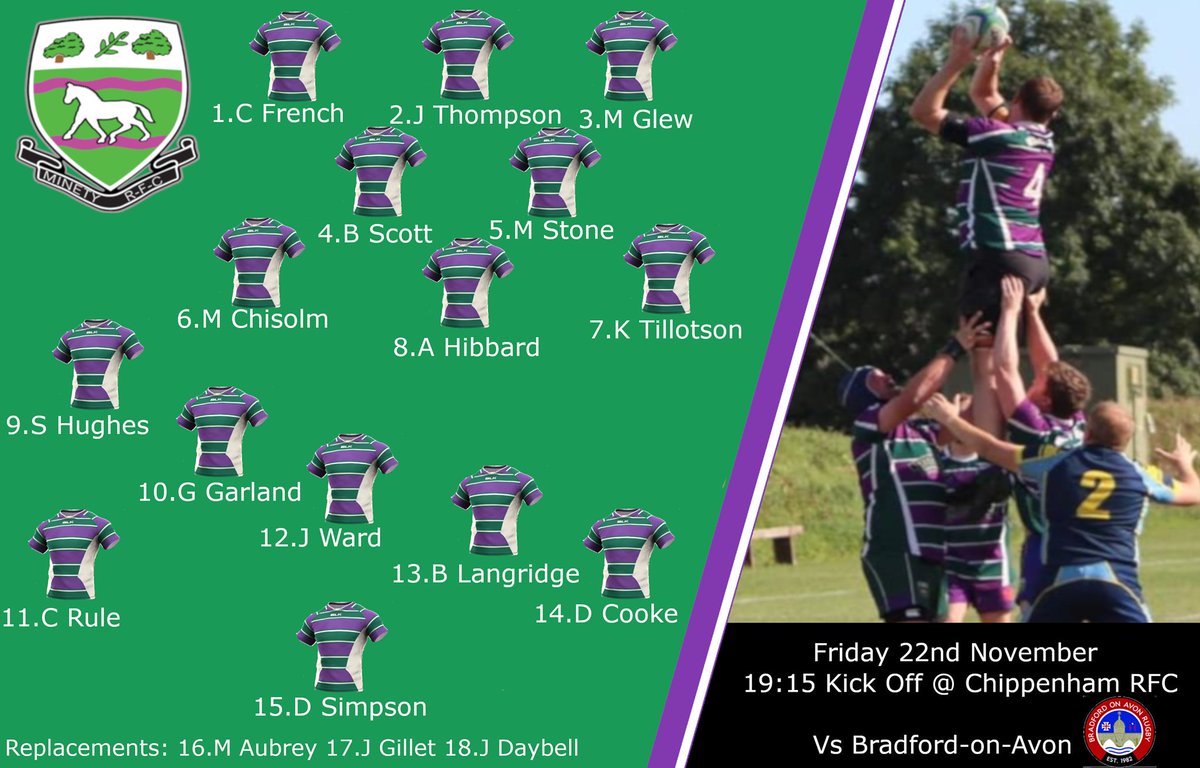 It's almost game time!
<a href="/MinetyRFC/">Minety RFC</a> Vs <a href="/boarugby/">Bradford on Avon RFC</a> 

This Friday 22nd November under the lights at <a href="/ChippenhamRFC/">Chippenham RFC</a> on the #Rugby365 AGP!

Kickoff is at 7:30pm

Squad below!