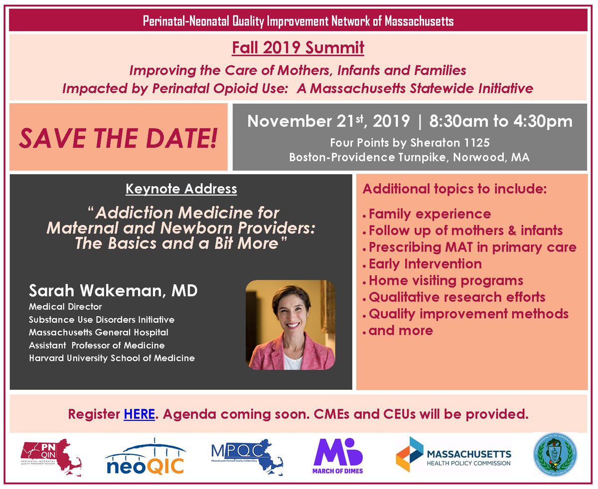 Tomorrow's the day! The fall @PNQIN perinatal opioid project summit. Looking forward to a full day of collaborating and improving with keynote speaker @DrSarahWakeman, partners @MassDPH, @Mass_HPC, and @MarchofDimes_MA, hospital teams, and the families we serve. #pnqinsummit2019